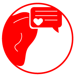Illustration of a red ear listening to a speech red bubble with three white line and a white heart icon enclosed in a red circle filled white.